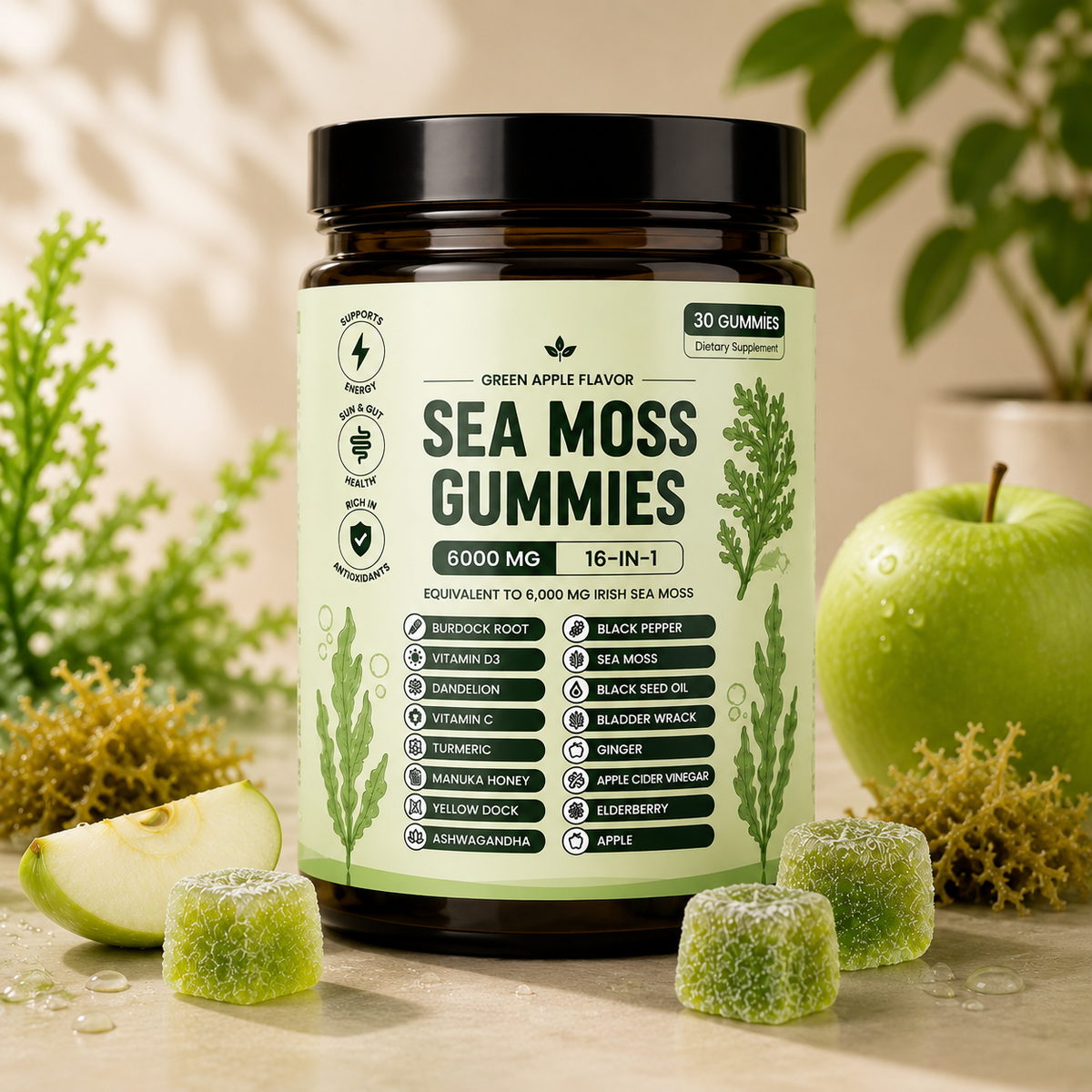 Sea Moss Gummies – 6,000 MG | 16-in-1 Natural Blend | Green Apple