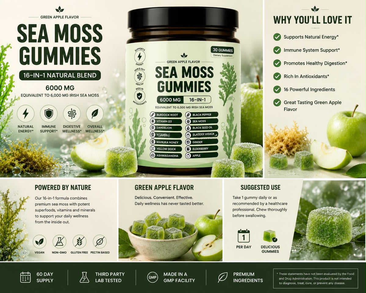 Sea Moss Gummies – 6,000 MG | 16-in-1 Natural Blend | Green Apple